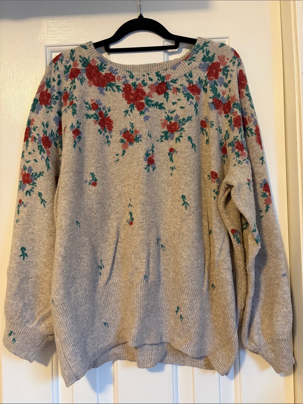 LC Lauren Conrad Beige Crewneck Sweater with Red Floral Knit